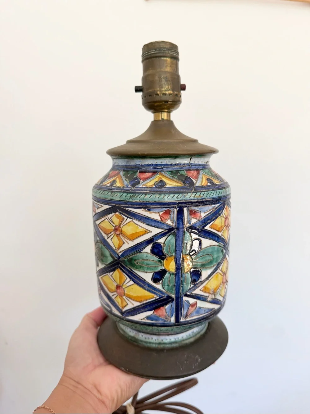 Vintage Majolica Hand Painted Italian Lamp WORKS Gorgeous Floral Geo Print Blue